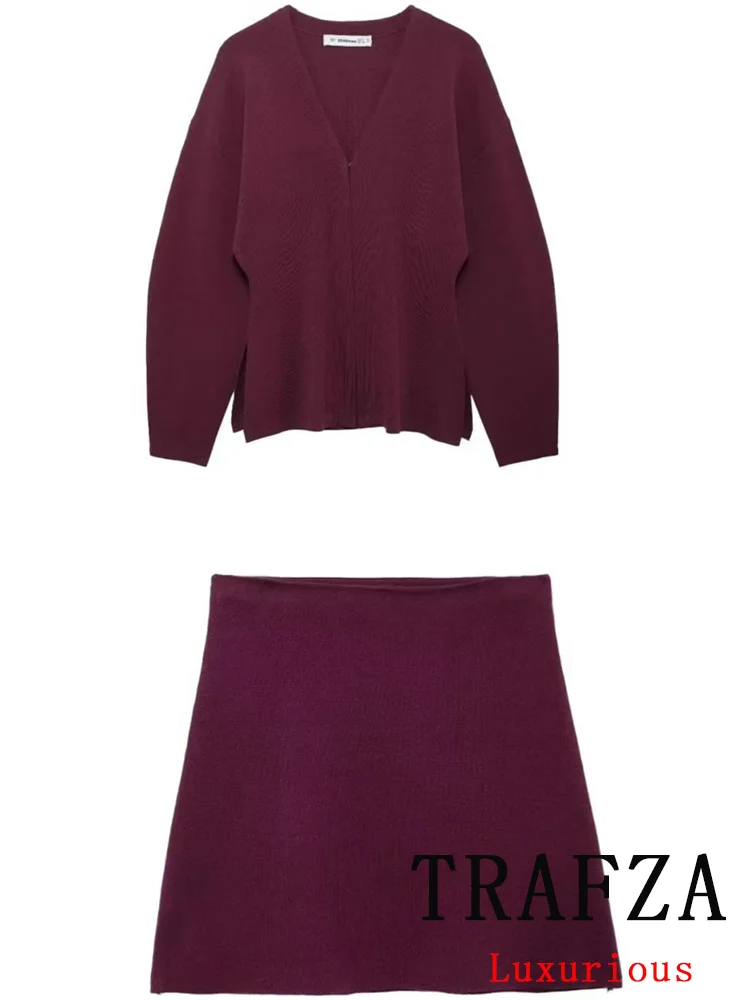 TRAFZA Vintage Chic Claret Women Knit Suit V-Neck Long Sleeve Loose Cardigans Sheath Mini Skirt Fashion 2024 Autumn Winter Suit