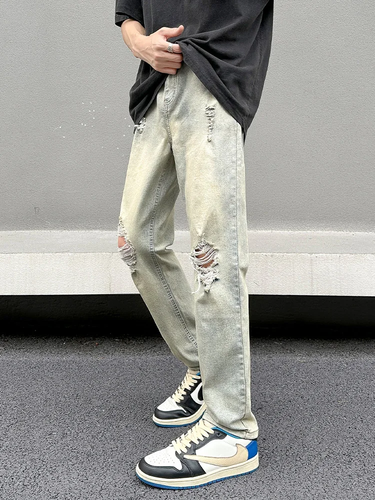 

Men's Straight Leg Slim Fit Jeans Yellow Mud Color Hole Punch Summer New Sle Trendy American High Street Long Pants