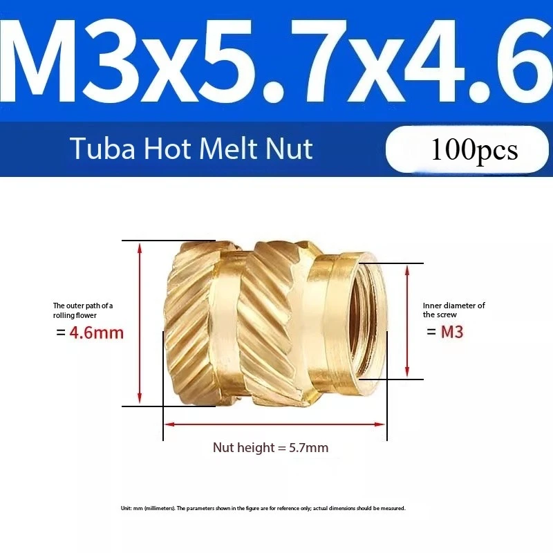 

100pcs M3*5.7-OD4.6 Thread Knurled Brass Threaded Heat Set Heat Resistant Insert Embedment Nut for 3D Printer accessories