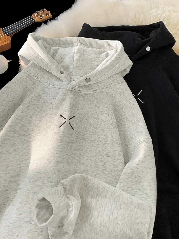 

Мужская утепленная толстовка с капюшоном для осени и зимы, свободного кроя, повседневная, парная, с вышивкой, на флисовой подкладке, в уличном стиле