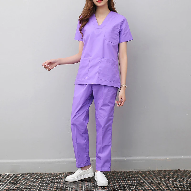 2pcs Scrubs Set Spa Uniforms Health Workers Uniform Clothing Beautician Work Clothes Scrubs Tops Pants Unisex Women Men Workwear