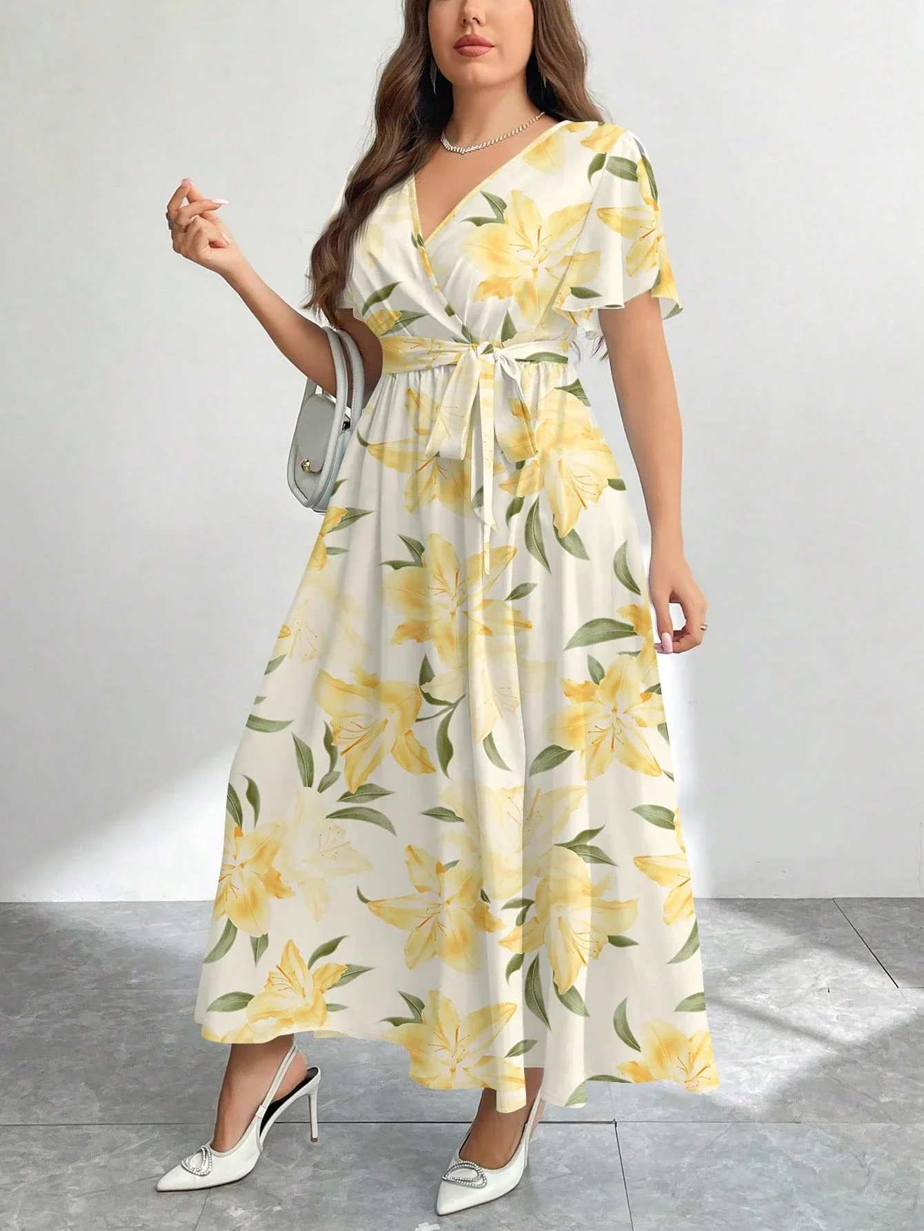 

Casual Vintage Floral Wrap Maxi Dress With Belt For Women