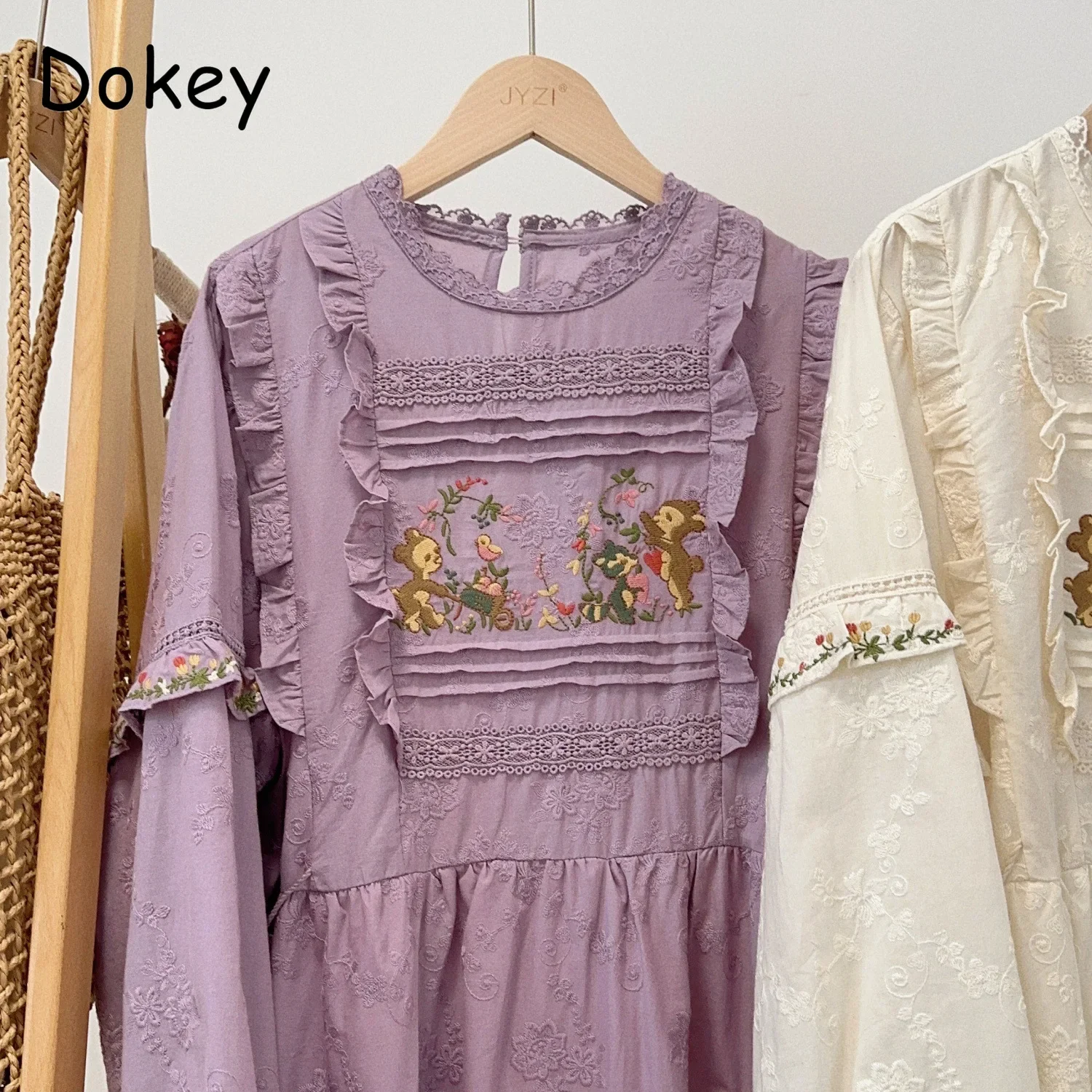 Vintage Floral Embroidery Short Sleeve Dress Women Japanese Mori Girl Spring Sweet O-Neck Cotton Linen Dress vestidos para mujer