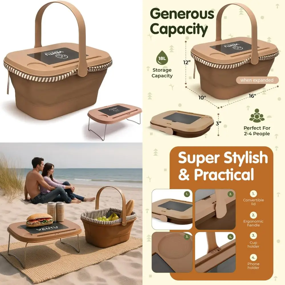 

ventu collapsible picnic basket 18l with handle – portable folding for picnic, camping & travel, 2-in-1 lid converts to table, c