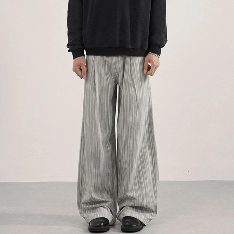 Spring Autumn New Men's Casual Pants Striped Design Contrast Color Pleated Casual Streetwear Loose Straight Leg Male Bottom Chic
