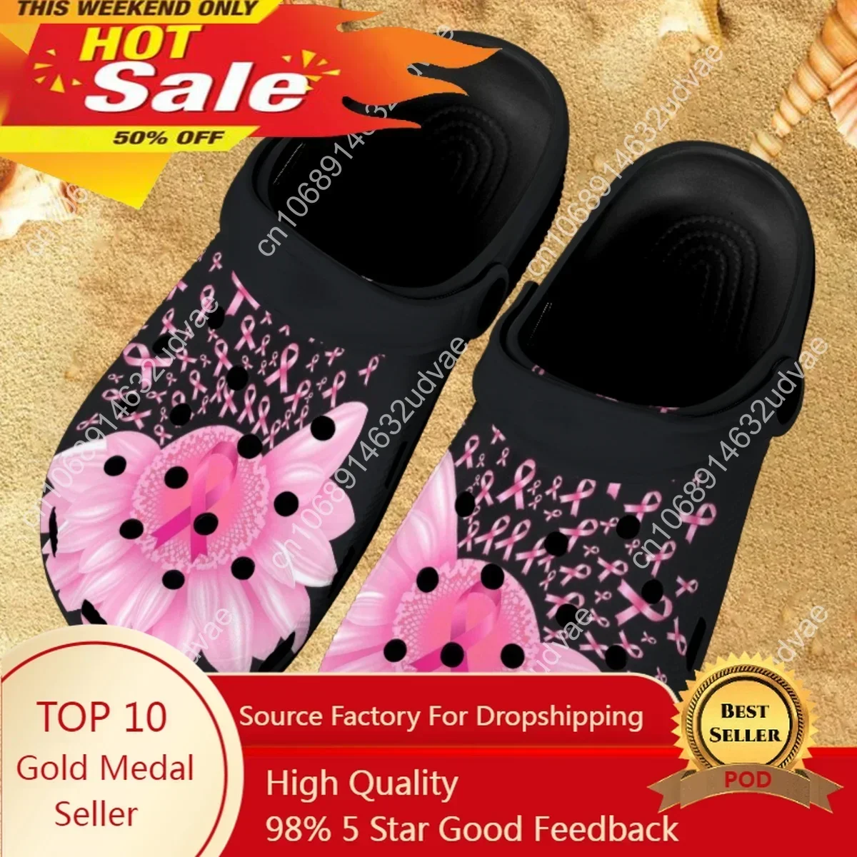 

Sunflower Breast Cancer Women Hole Shoes Summer Non-slip Girl Beach Shoes Home Slippers Outdoor Personalized Sandals Female New