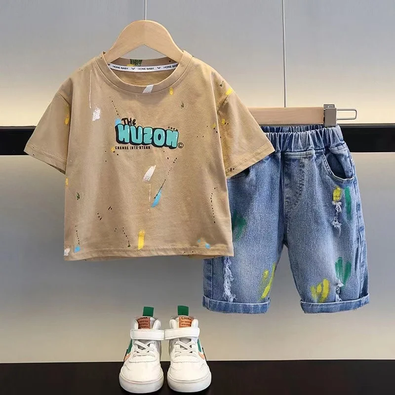 Summer Baby Kids Clothes Boy Sets Toddler Boys Cotton Sleeve T-shirt +Denim Shorts 2Pcs Children Outfits 1 2 3 4 5 6Y