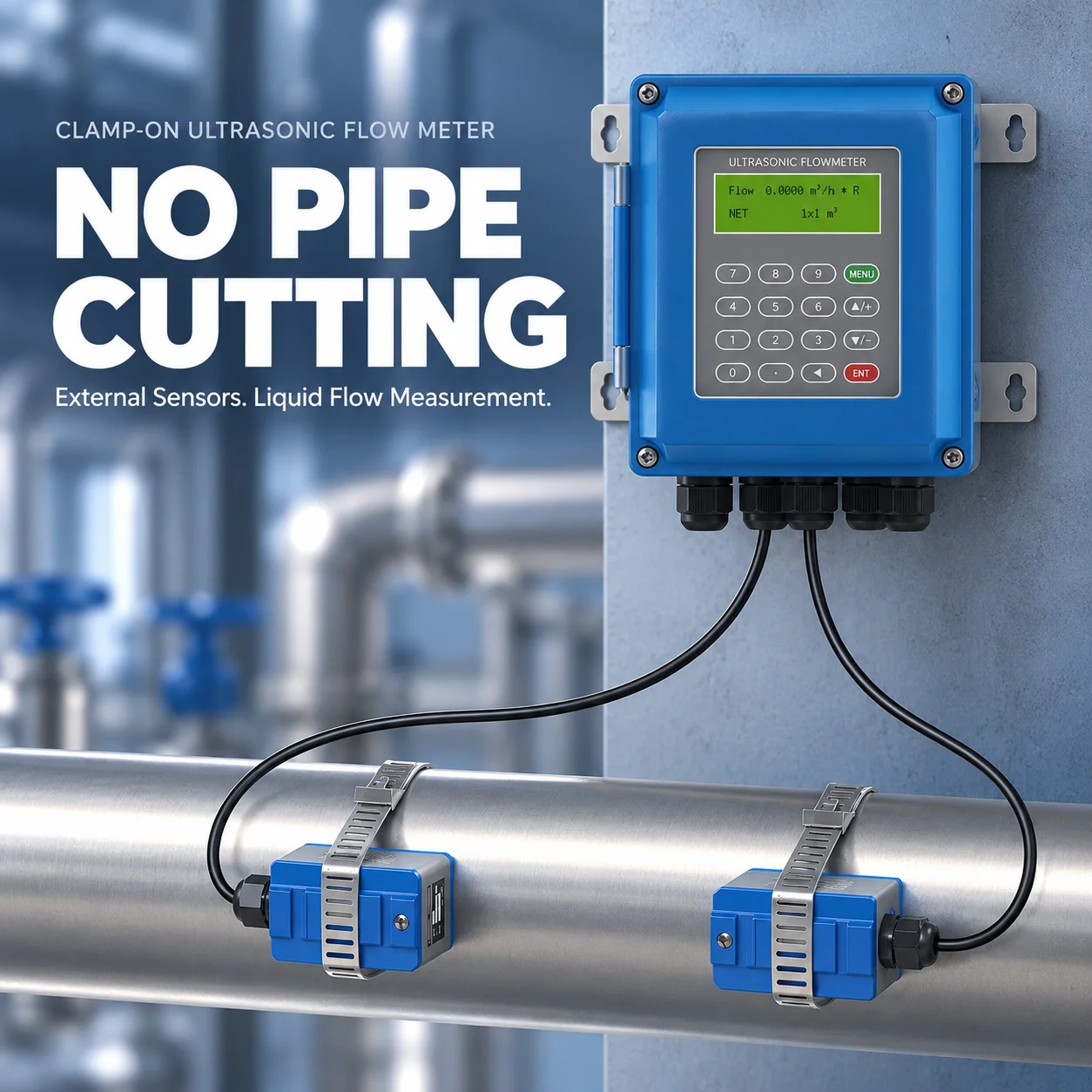 TUF-2000B Wall-Mounted Ultrasonic Flow Meter Clamp-On Digital Water Liquid Flowmeter RS485 Modbus