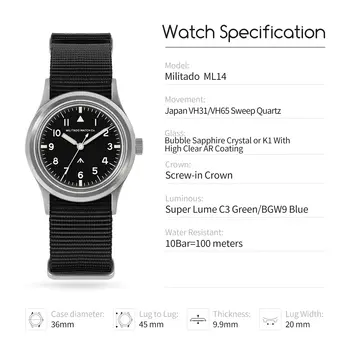 Militado ML14 36mm 手錶 VH31 秒針石英機芯手錶 藍寶石水晶超夜光 BGW9 C3 100公尺防水手錶 10 最佳銷售 男士軍表 - №6