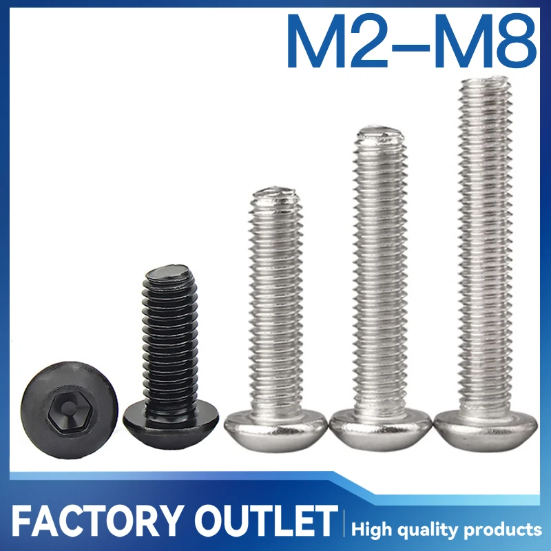 5/10/20/50Pcs M2 M2.5 M3 M4 M5 M6 M8 Round Stainless Steel A2-70 or Black 10.9 Grade Hex Socket Button Head Allen Bolt Screw