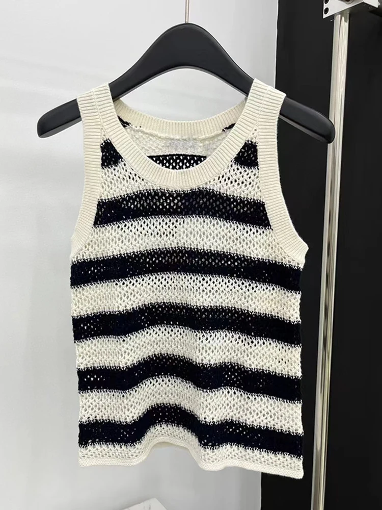 

Vintage color matching striped crew neck vest top 2024 summer women's new fashion all-in-one sleeveless knitted sweater jumper