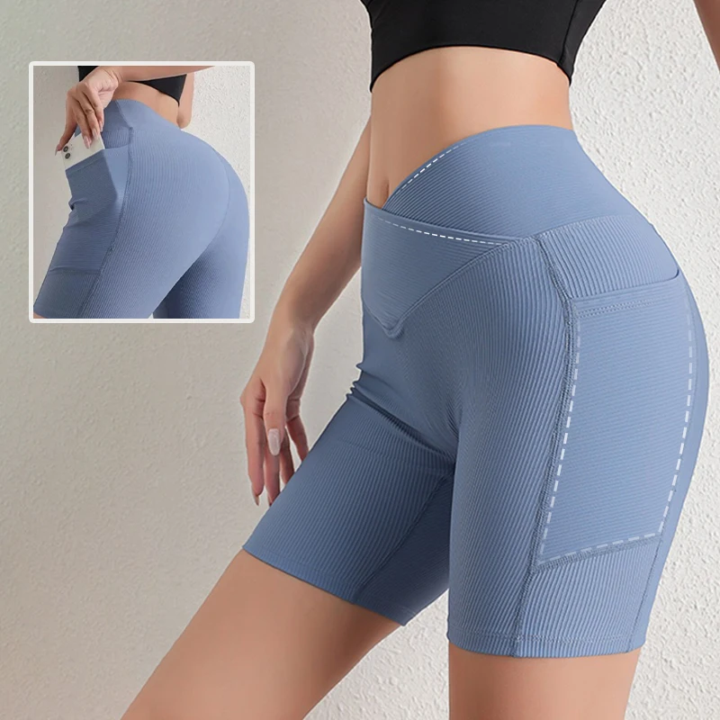 Women's Cross-Band Padded Bike Shorts - High Waist Slimming with Side Pockets, Quick Dry, 5" Inseam for Fitness