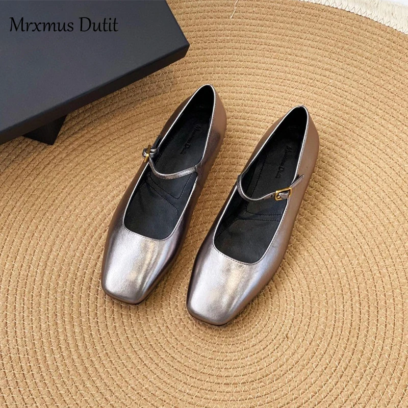 Mrxmus dutit Autumn New 2024 Women Round Head Solid Genuine Leather Flat Shoes Vintage Versatile Mary Jane Shoes Female Chic