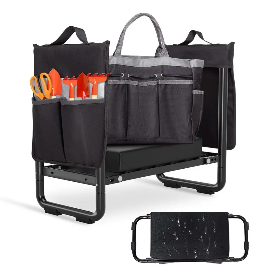 

Складной садовый стул-табурет для работы на коленях с мягкой кожаной подушкой, съемным карманом для инструментов и прочной стальной рамой