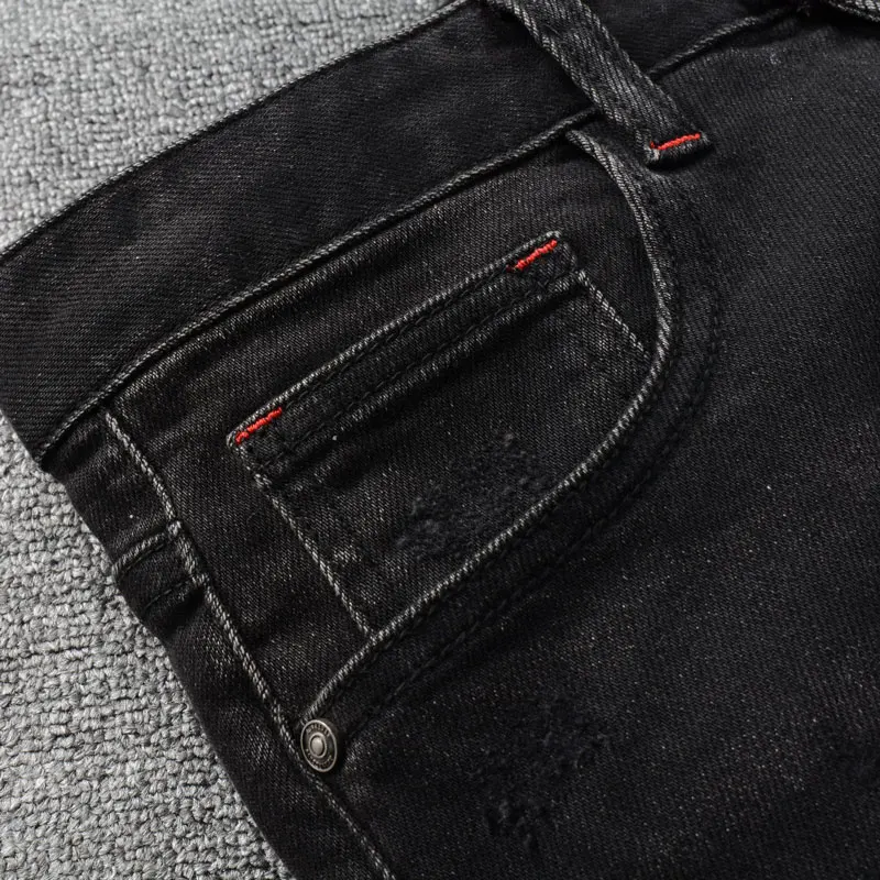 Pantalones vaqueros rasgados elásticos para Hombre, Jeans Retro de moda urbana, color negro y gris