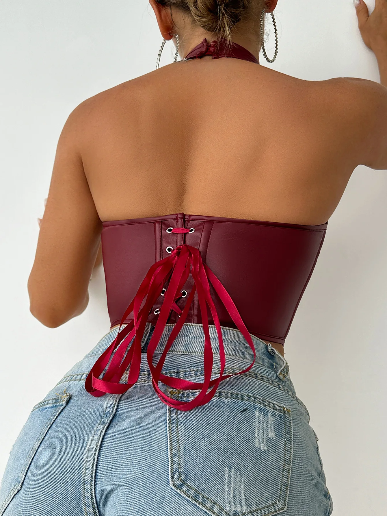 Foamlina moda cor sólida halter espinha de peixe bustier sexy menina quente couro do plutônio frente gancho fivela colete corpo moldar topo