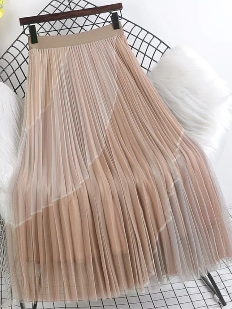 

JMPRS Elegant Women Tulle Skirt Korean Fashion Mesh Print A Line Office Ladies Pleated Skirt Summer Chic High Waist Party Skirt