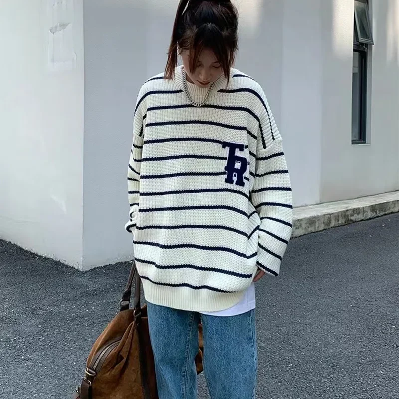 Suéter de punto con letras de rayas sueltas para mujer, suéteres de primavera para mujer, manga larga, jersey de fondo, Tops finos, ropa informal,