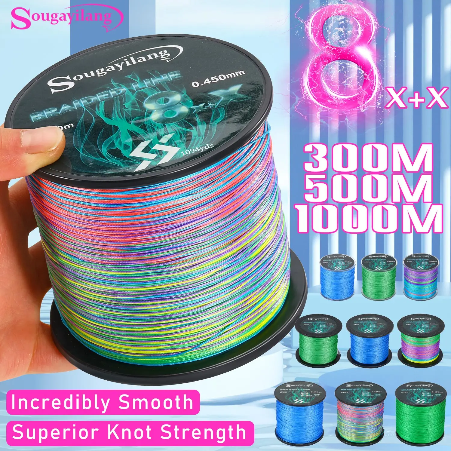 Sougayilang 300/500/1000M 9 Strong PE Fishing Line 8+X Strands Braided Fishing Line Multifilament Durable Fishing Line for Carp
