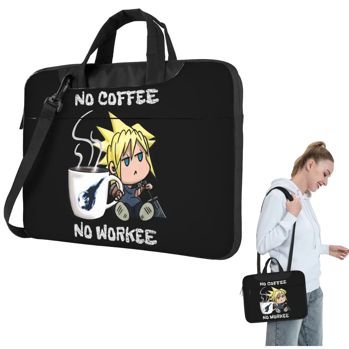 

Chibi Cloud No Coffee No Workee Final Fantasy 7 Laptop Bag Protective Case Computer Bag 13 14 15.6 Inch Crossbody Notebook Pouch