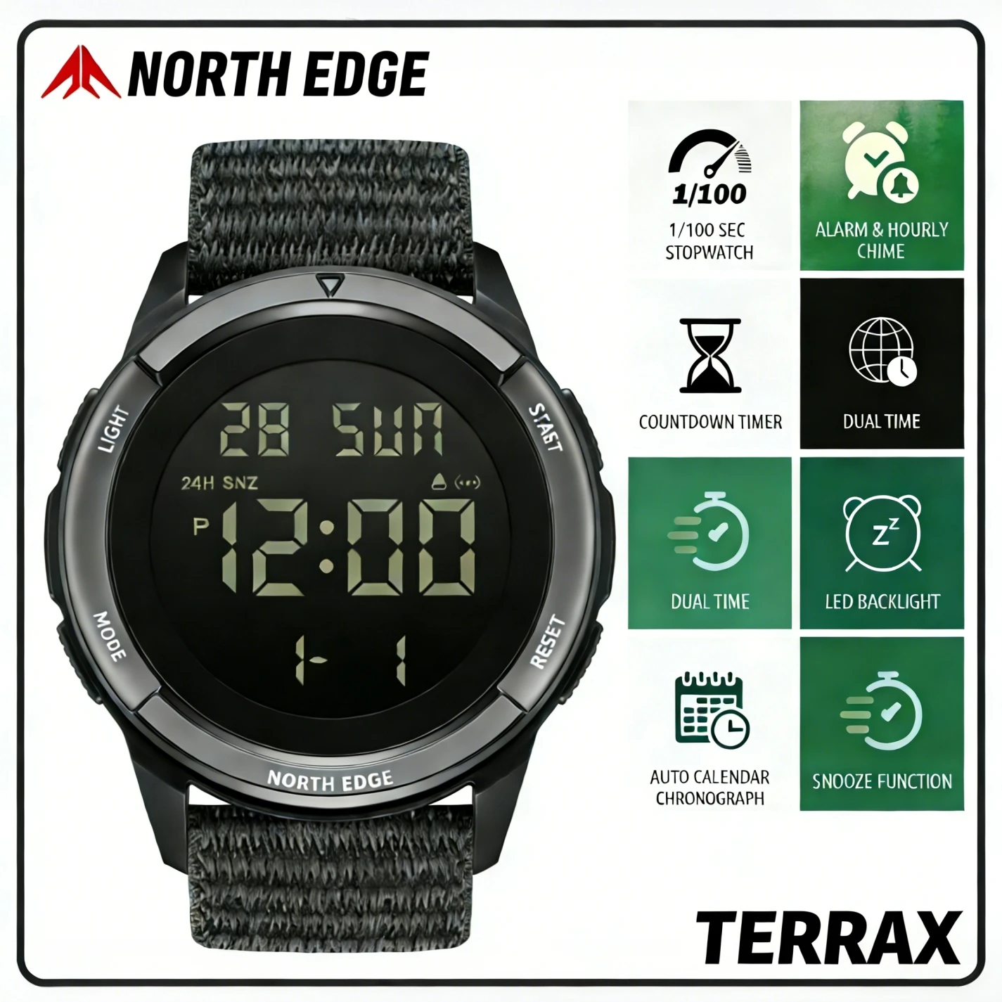 Reloj digital NORTH EDGE TERRAX para hombre, deportivo, para exteriores, resistente al agua 50M, cronómetro, cuenta regresiva, reloj para hombre.