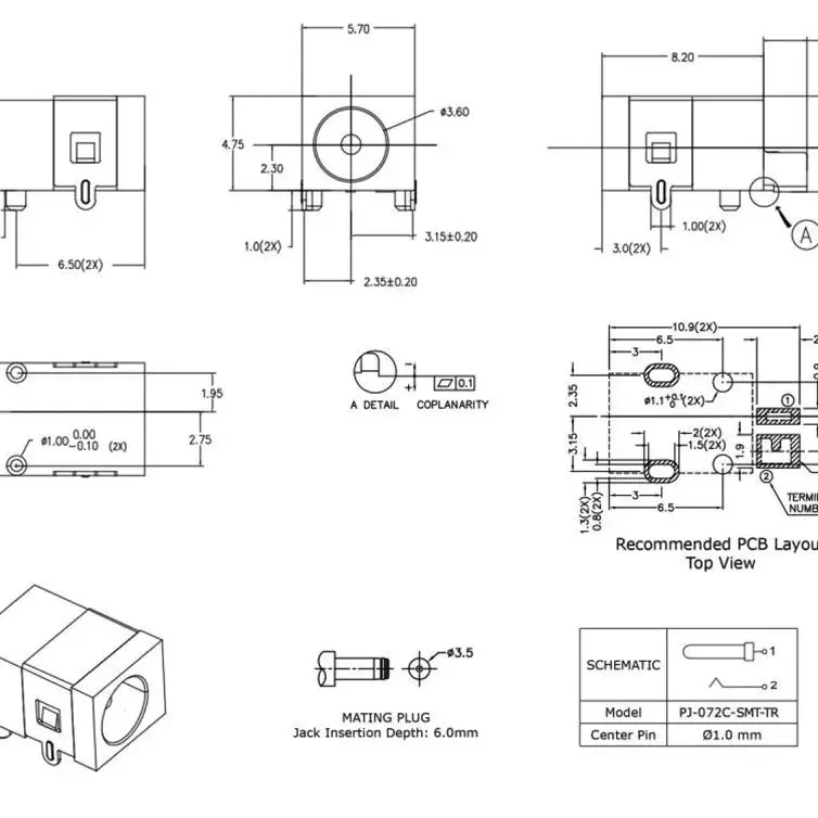 PJ-072C-SMT-TR DC Power Jack 1mm center pin 2A 24V Gold Tin Plated 5000 Cycles UL94V-0 ROHS for Electronics