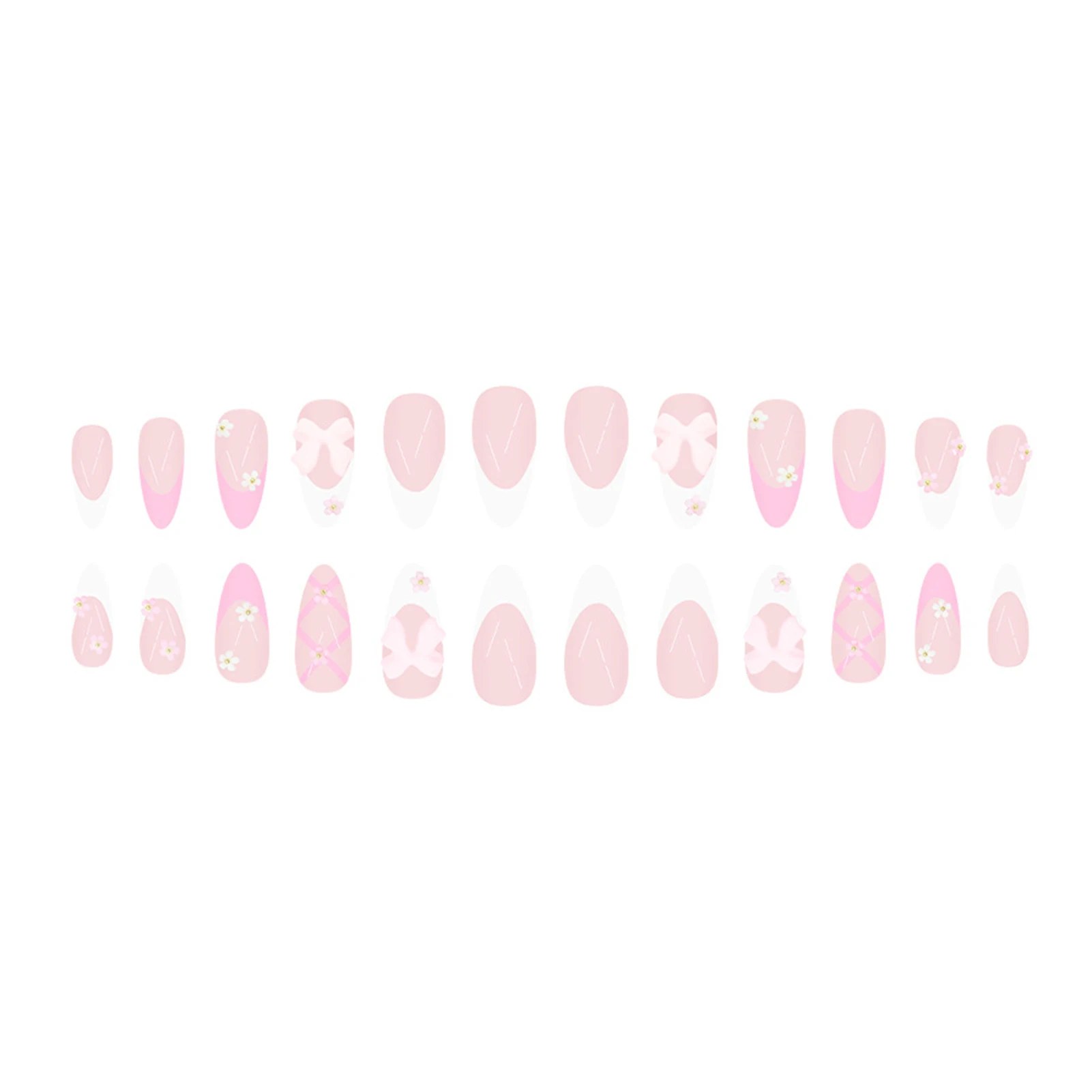 24개 아몬드 프렌치 팁 인조 손톱 꽃 리본 디자인 우아한 발레리나 프레스온 네일 풀커버 아크릴 가짜 손톱 아트