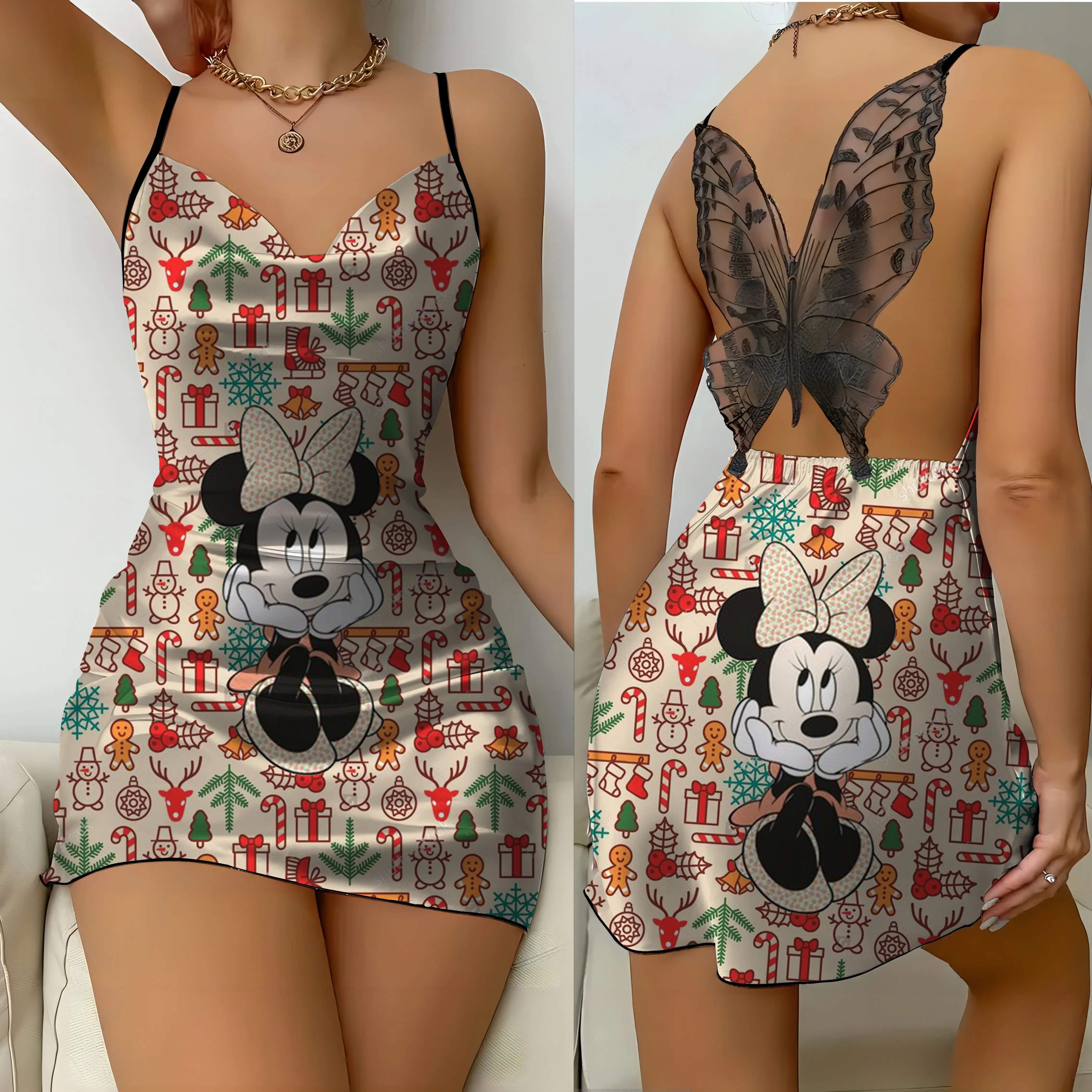 Disney Christmas Mini Dress Bow Knot Pajama Skirt Womens Dresses Satin Surface Stitch Party Sexy Lace Backless Slip Dress Disney