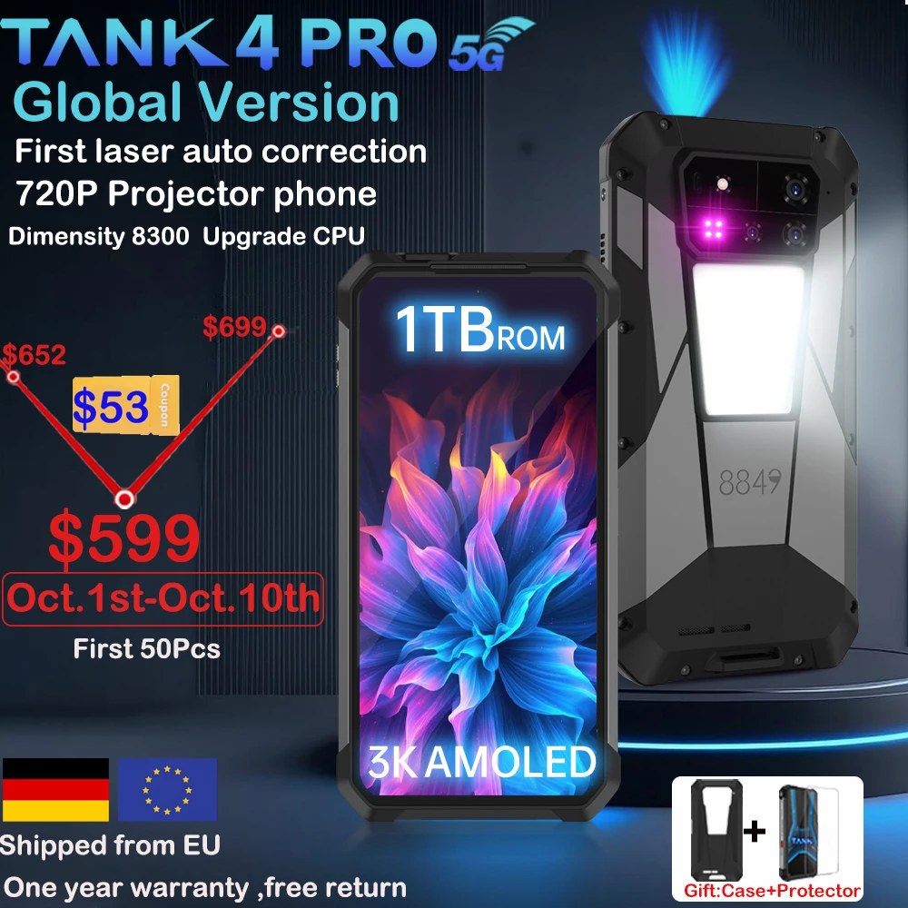 8849 Tank 4 Pro Unihertz 5G Rugged Projector Smartphone 36G 1TB Android 14 Sports Phone 11600mAh Dimensity8300 AMOLED 120HZ