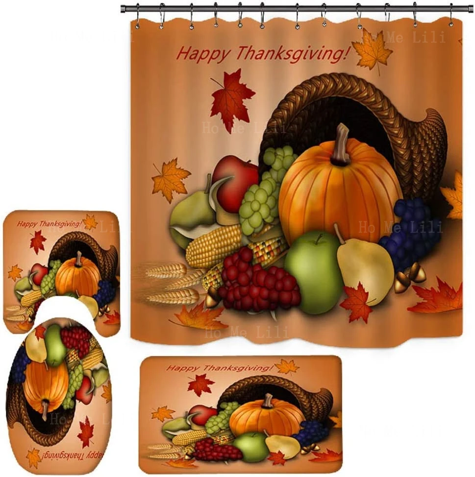 Autumn Maple Leaves Pumpkin Thanksgiving Harvest Bathroom Sets With Shower Curtain And Rugs And Accessories For Bath Decor