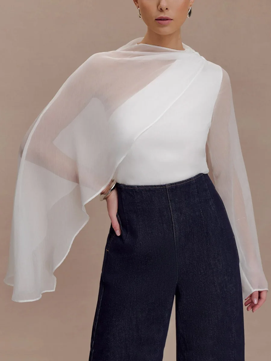 Modigirl Women Asymmetric Cape Wrap Blouse See Through Solid Color Round Neck Elegant Office Party Women's Blouses Shirts Tops