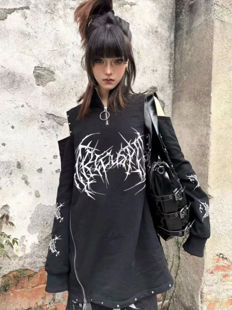 Vintage Y2k Aesthetic Off Shoulder Tees Women Punk Printing Harajuku Grunge Oversized Zipper Daily Streetwear Short Sleeve Tops