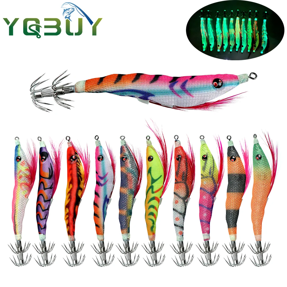 Fishing Lure 11cm/7g Squid Jig Shrimp Full Body Luminous Glow in Dark Artificial Spinner Bait Tackle for Cuttlefish Octopus