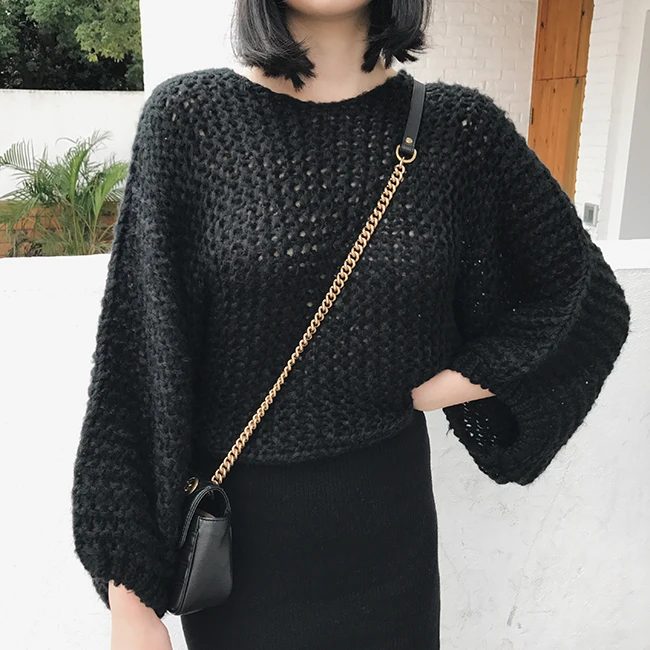 Autumn Women Knitted Hollow Out Sweater Loose Pullover Sweaters Korean Fashion Clothes Ladies Batwing Sleeve Tops