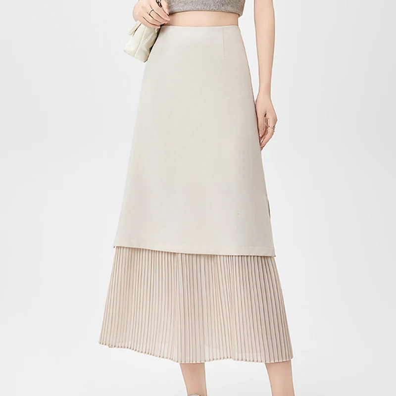 Femmes mode mousseline de soie Patchwork plissé côté fente jupe Midi Vintage taille haute femme Chic bureau dame a-ligne jupes