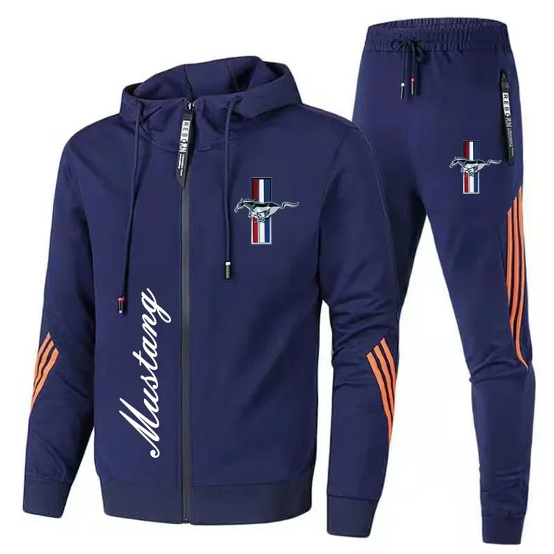 

New Men's Sportswear Ford Mustang Car Logo Printed Hooded Sweatshirt+Trousers Casual Fit Running Fitness Men's Sportswear 2PK