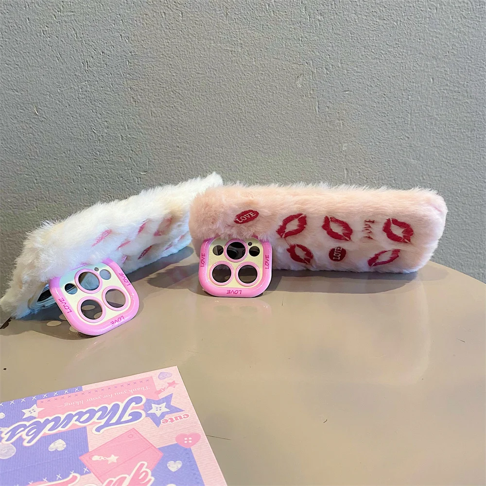 Plush Embroidered Lip Print Phone Case Suitable for iPhone 11 12 13 14 15 16 ProMax 14 15 16 Plus Lens holder Protection Case
