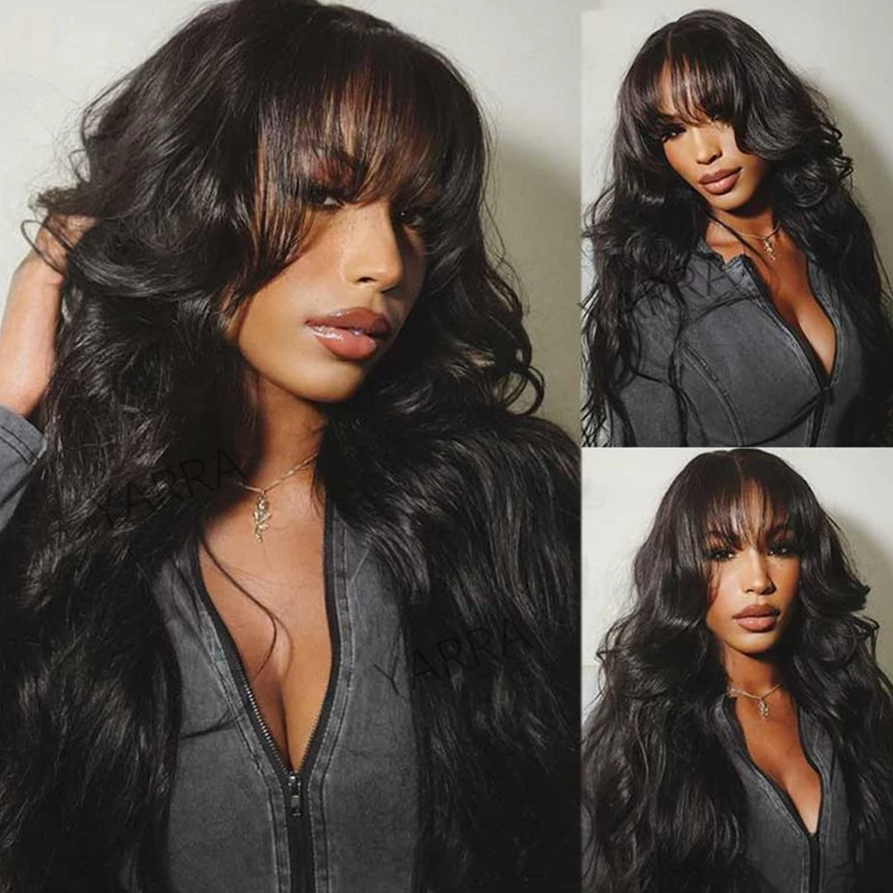 30 inch Body Wave Human Hair Wigs With Bangs Full Machine Made Scalp Top Wig 180% Density Brazilian Remy Hair Fringe Bangs Wig