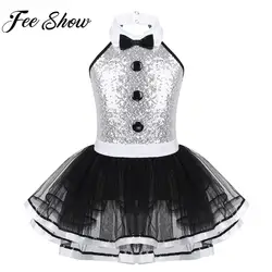 Bambini ragazze balletto Tutu ginnastica pattinaggio danza body vestito senza maniche lucido paillettes vestito partito spettacolo teatrale Costume