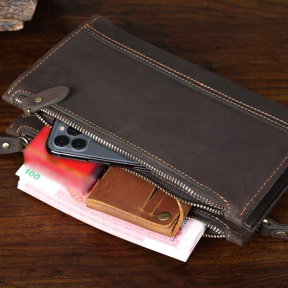 Echte Leder-Umhängetasche für Herren, Clutch-Tasche, Vintage Crazy Horse Crossbody-Taschen für Männer, Mini-Multifunktions-Geldbörse – Detail 11