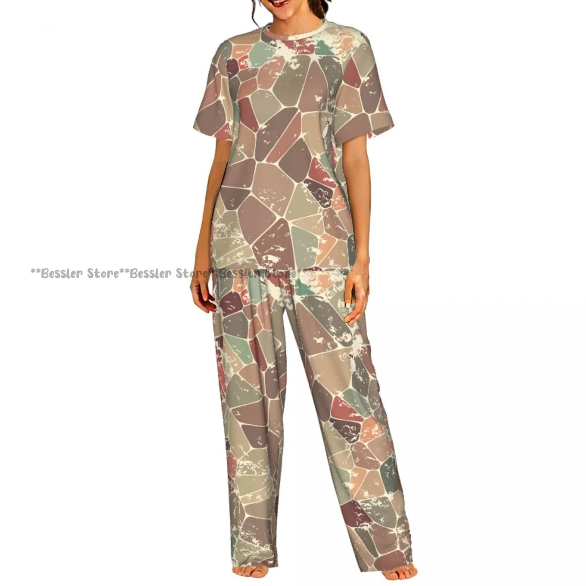 Women's 2-piece set Retro Mosaic Geometric Abstract Background Pajamas Short sleeved Top and Pants Sleepwear