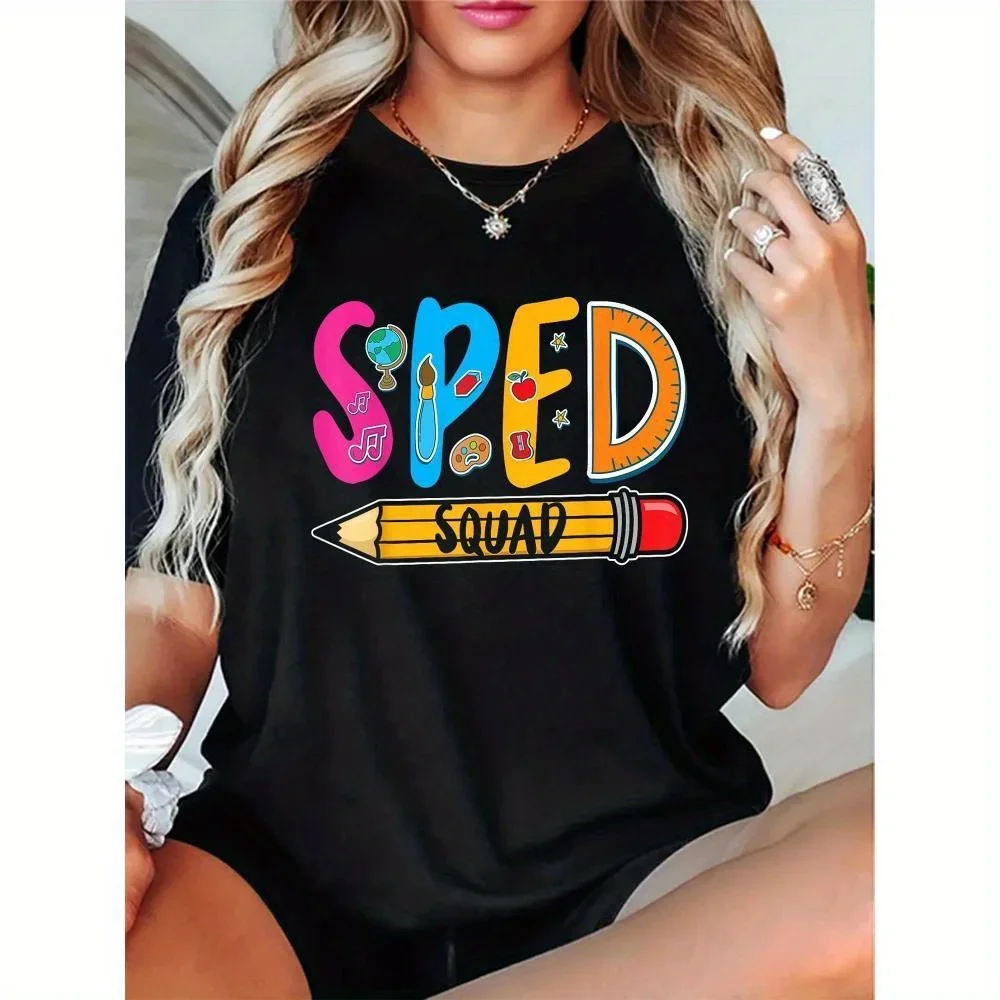 

SPED Teacher Squad Graphic T-Shirt - Soft 100% Cotton Breathable Short Sleeve Tee with Colorful Supplies Design, Unisex Adult