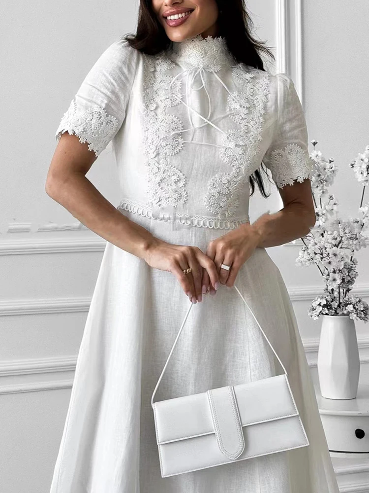 CHICEVER Spliced Bow Midi Dresses For Women Stand Collar Short Sleeve High Waist Patchwork Embroidery Lace Elegant Dress Female