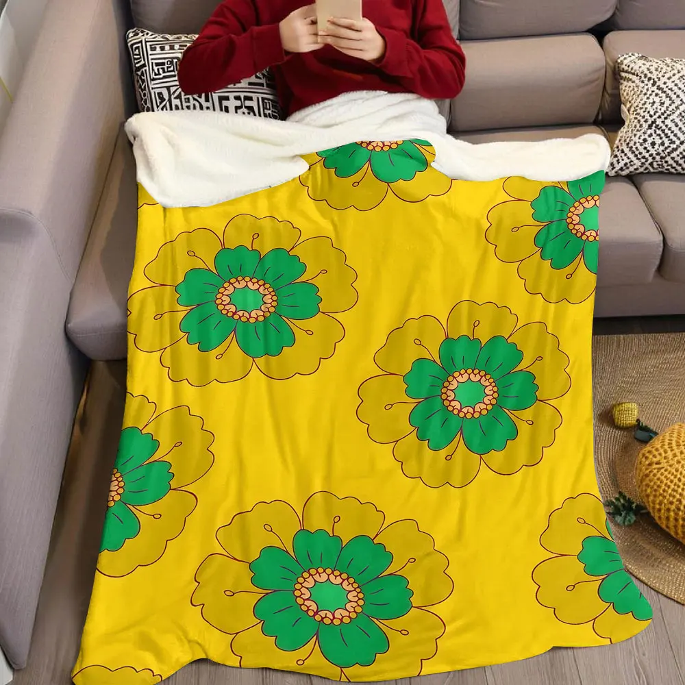 Retro Yellow Green Floral Flannel Blanket Warm Soft Halloween Christmas Decorative Couch Warm Cozy All-Season Gift