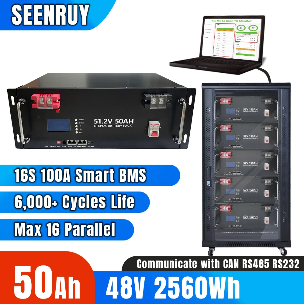 48V 51.2V 50AH LiFePO4 Battery Pack 6000+ Cycles RS485 CAN 16S 100A BMS Max 16 Parallel For Solar Energy Inverter