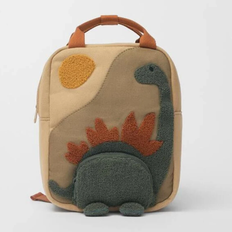 

New Embroidery Sun Long Neck Small Dinosaur Backpack Hook Hair Embroidered Cartoon Canvas Kindergarten Children Backpack