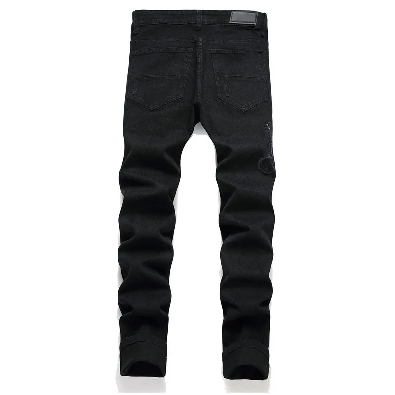 New Fashion Brand Men Snake Embroidery Jeans Streetwear Black Stretch Denim Pants Holes Ripped Distressed Slim Straight Trousers