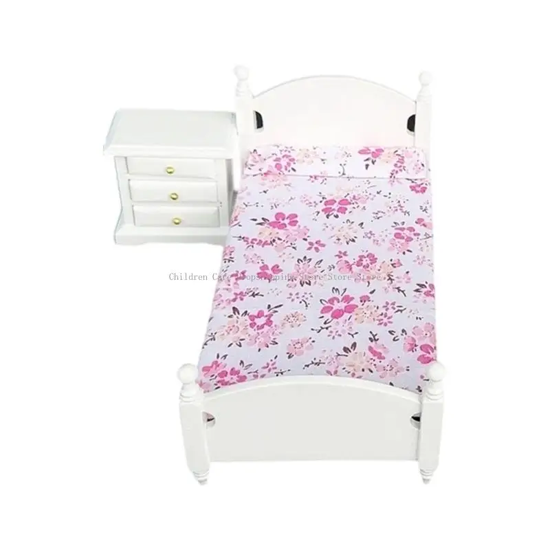 طقم سرير خشبي ومنضدة مقاس 1/12 أثاث مصغر لبيت الدمية للأطفال التظاهر باللعب والعرض القابل للجمع #3