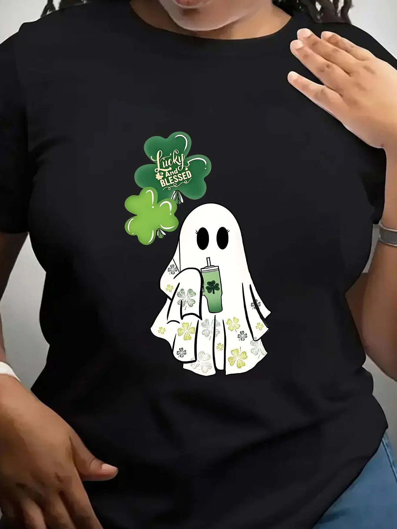 Women's Trendy Crew Neck T-Shirt Lucky Blessed Ghost Shamrock Print Suitable for Casual Sportswear