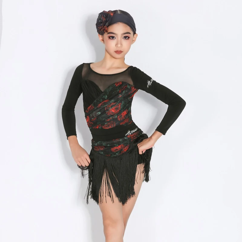 

Костюмы для латинских танцев, черное боди с длинными рукавами, юбки с бахромой, костюм для чача, румбы, танго, платье, одежда для девочек DN19539